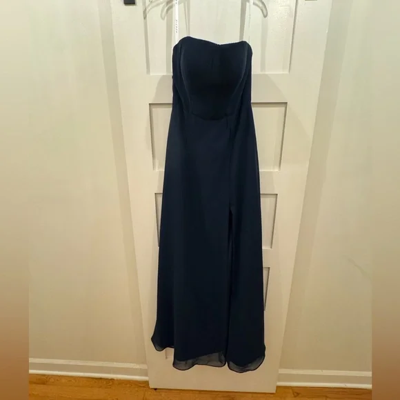 Azazie Wren Dark Navy A-Line Side Slit Chiffon Dress - Picture 9 of 13